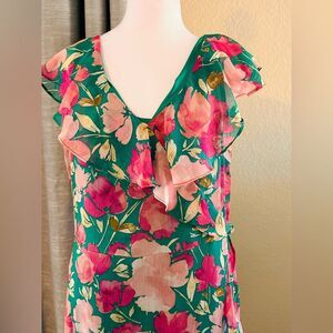 London Times Green and Pink Ruffled Floral Maxi Dress